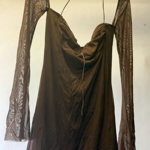 Sheer Long Sleeve Brown Slip Dress